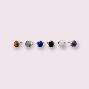 Elegant Adjustable Sterling Silver Gemstone Rings: Moonstone, Amethyst, Lapis, Labradorite, Tiger's Eye, and Onyx"