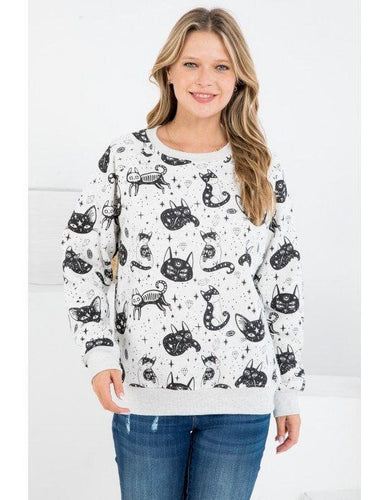 Comfy Holiday Cat Valentine Gift sweatshirt All Over Crystal Diamond Bones Fun Cat Print With Fleece Lining, soft crew neck colorful, Trendy