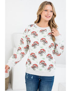 Funky Mushroom Sweatshirt, All Over Mushroom Print Sweatshirt With Fleece Lining, Soft Crewneck - Holiday Gift - Magic Mushroom Sweatshirt
