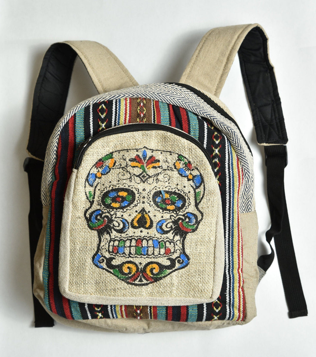 Skull Backpack (15 by 12 inches) - 100% Sustainable and Natural Hemp Backpack - Fair Trade Bag - Tribal Hemp Bag - Holiday Gifting