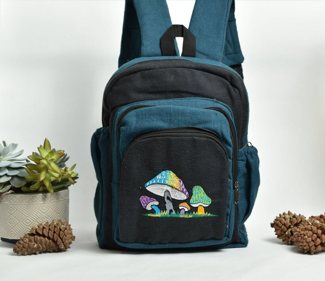 Enchanted Mushroom Garden Backpack - Unique Hemp Backpack - 12 Inches - Blue Bag - Green Mushroom Bag - Magic Mushroom Backpack