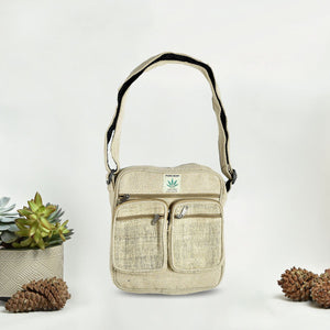 Simple Crossbody | Small Hemp & Cotton Blend Messenger Bag | Double Pocket Bag | Adjustable Strap | Handmade in Nepal | Natural Bag