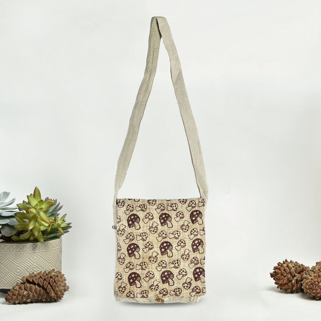 Mushroom Messenger Bag | Sustainable Hemp Fabric | Hemp Messenger Bag | 8 inches | Handmade in Nepal | Vegan Bag